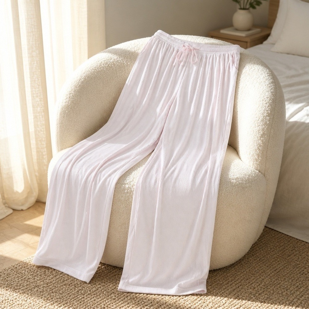 Women's Blush Pink Textured Wide Leg Lounge Pants Elastic Waist Pajama Bottoms